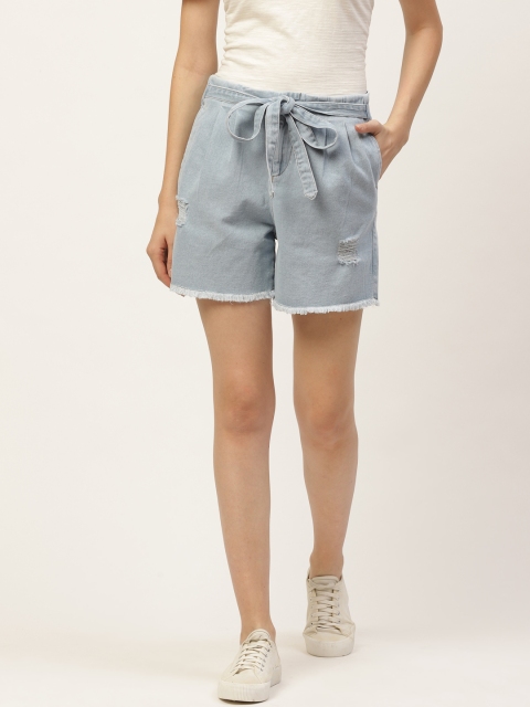Moda Rapido Women Blue Solid Distressed Mid-Rise Denim Shorts