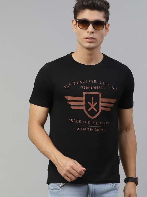 Roadster Men Black & Brown Pure Cotton Printed T-shirt
