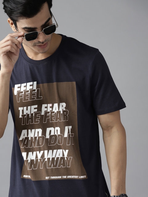Roadster Men Navy Blue & Brown Typography Printed T-shirt
