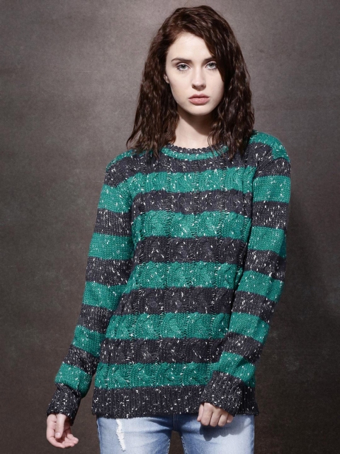 Roadster Women Green & Navy Striped Sweater