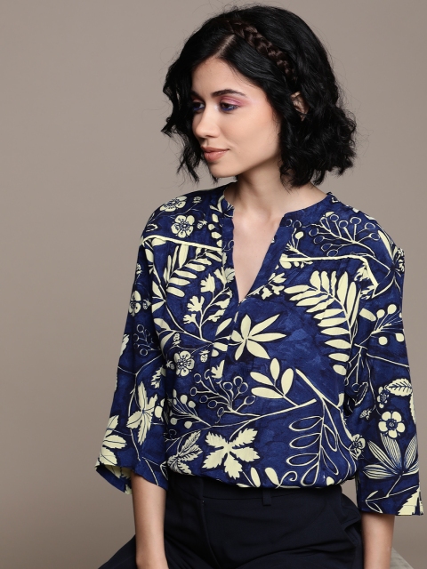 Label Ritu Kumar Navy Blue & Cream-Coloured Printed Mandarin Collar Puff Sleeves Top
Label Ritu Kumar Navy Blue & Cream-Coloured Printed Mandarin Collar Puff Sleeves Top