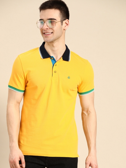 United Colors of Benetton Men Yellow Solid Polo Collar Cotton T-shirt