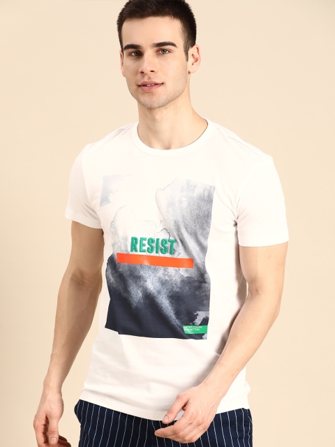 United Colors of Benetton Men White & Blue Pure Cotton Printed Round Neck T-shirt