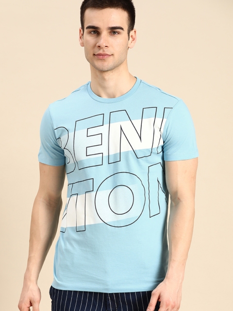 United Colors of Benetton Men Blue Printed Round Neck Cotton Pure Cotton T-shirt