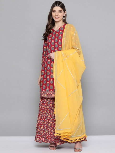 HERE&NOW Women Red & Beige Ethnic Motifs Print Pure Cotton Kurta with Sharara and Dupatta
HERE&NOW Women Red & Beige Ethnic Motifs Print Pure Cotton Kurta with Sharara and Dupatta