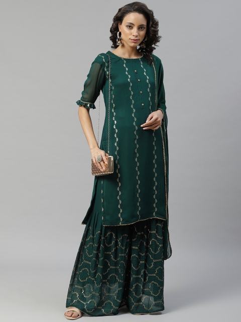 Chhabra 555 Women Green & Golden Embroidered Made To Measure Kurta with Sharara & Dupatta
Chhabra 555 Women Green & Golden Embroidered Made To Measure Kurta with Sharara & Dupatta