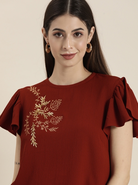 all about you Maroon Floral Sequinned Regular Top