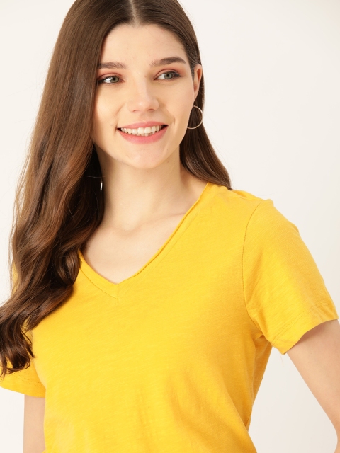 DressBerry Women Yellow Pure Cotton Solid V-Neck T-shirt