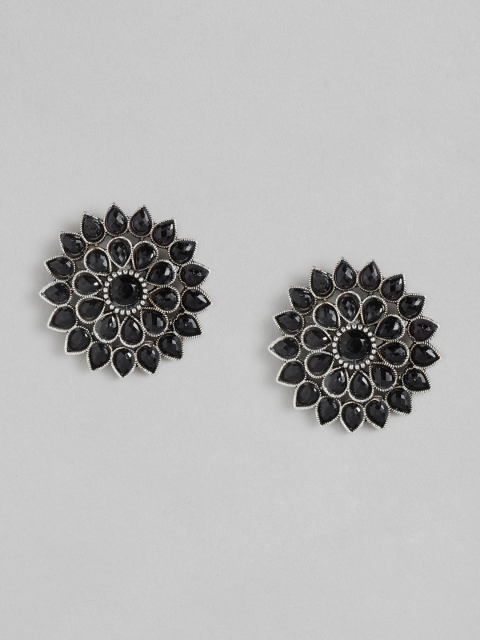 Anouk Black & Silver-Plated Floral Stud Earrings
