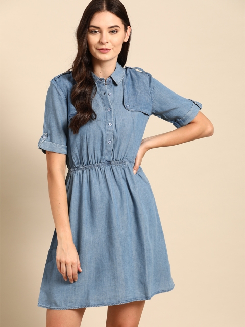 United Colors of Benetton Women Blue Solid Denim Shirt Dress