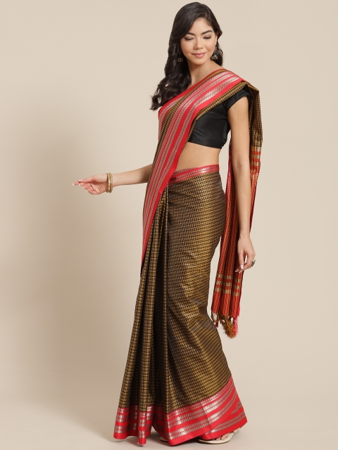 KALINI Black & Mustard Yellow Checked Saree