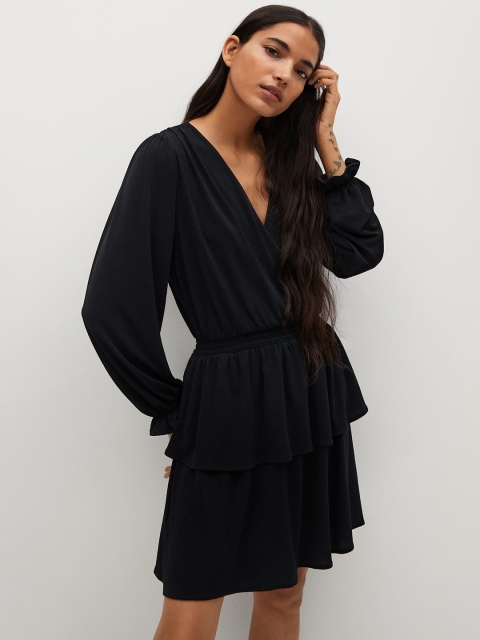 MANGO Black Tiered Wrap Dress