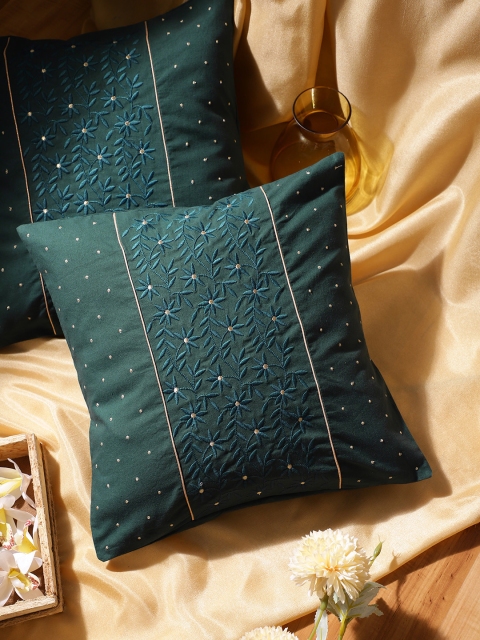 House of Pataudi Set of 2 Green Floral Embroidered Albela Cushion Covers
