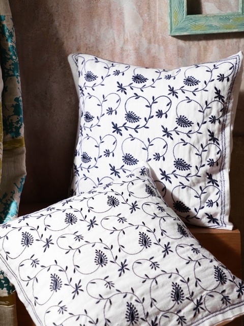 House of Pataudi White & Navy Set of 2 Siyahi Chikankari Square Cushion Covers