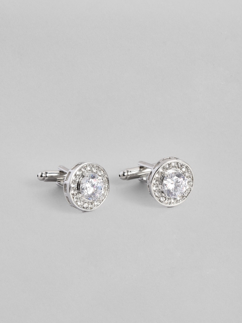 Peora White Silver Plated Cubic Zirconia Studded Round Cufflinks