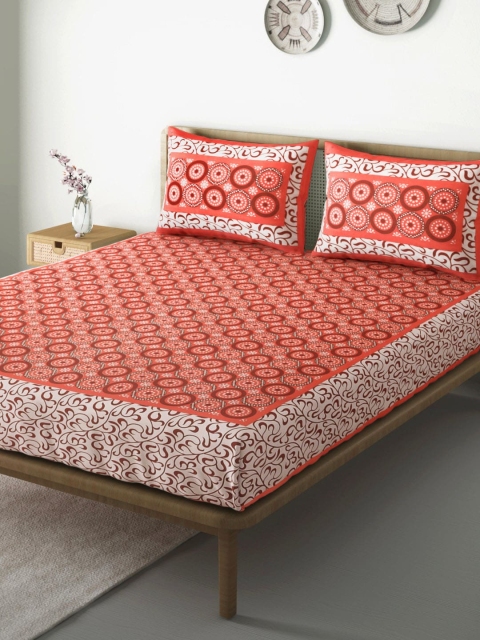 Aura Coral Orange & White Geometric 104 TC Cotton 110 GSM Queen Bedsheet & Pillow Covers