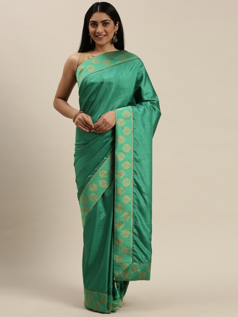 Indian Women Green Solid Silk Blend Saree