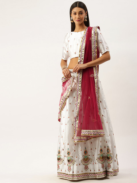 Om Shantam Sarees White & Maroon Embroidered Semi-Stitched Lehenga & Blouse with Dupatta 
Om Shantam Sarees White & Maroon Embroidered Semi-Stitched Lehenga & Blouse with Dupatta