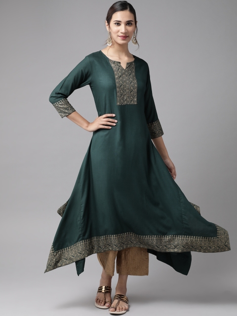 Yufta Women Green & Golden Ethnic Motifs Yoke Design Asymmetric Block Print A-Line Kurta
Yufta Women Green & Golden Ethnic Motifs Yoke Design Asymmetric Block Print A-Line Kurta