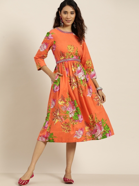Sangria Orange & Green Pure Cotton Floral Printed A-Line Midi Dress Comes With A Belt
Sangria Orange & Green Pure Cotton Floral Printed A-Line Midi Dress Comes With A Belt