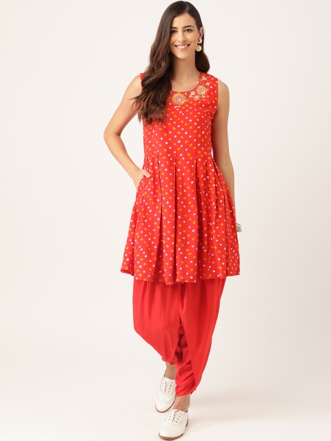 Sangria Women Red & White Bandhani Print Embroidered Pleated Kurta with Patiala
Sangria Women Red & White Bandhani Print Embroidered Pleated Kurta with Patiala