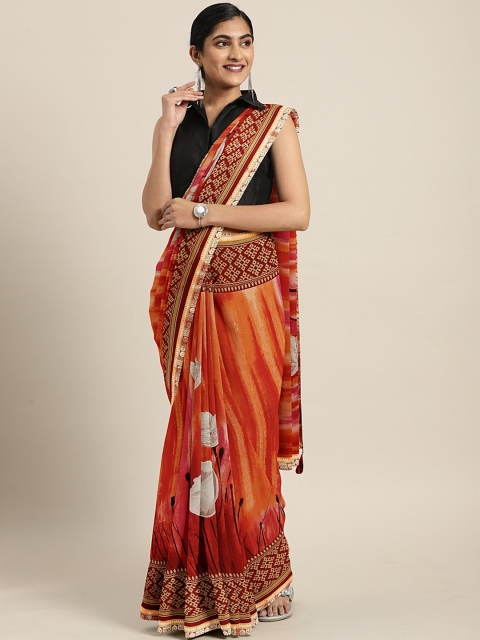 Triveni Red & Orange Pure Chiffon Printed Saree