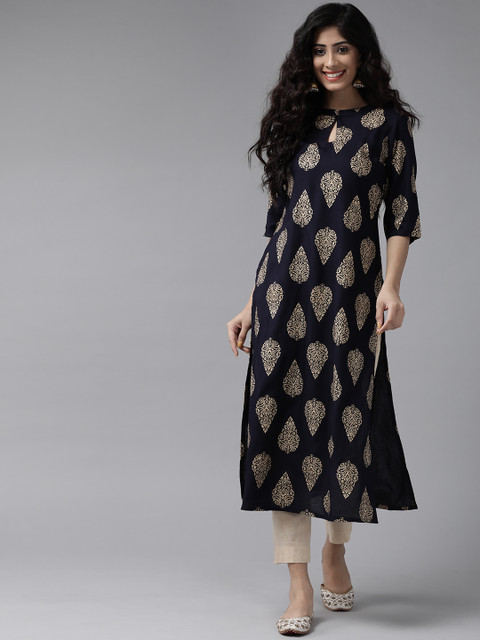 Ginni Arora Label Women Navy Blue & Golden Ethnic Motifs Foil Printed Keyhole Neck Kurta
Ginni Arora Label Women Navy Blue & Golden Ethnic Motifs Foil Printed Keyhole Neck Kurta