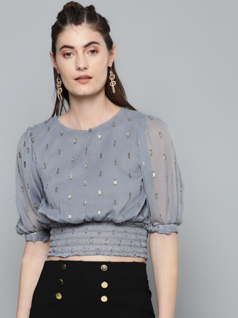 Sassafras Women Grey & Gold-toned Geometric Keyhole Neck Puff Sleeves Smocked Blouson Top
Sassafras Women Grey & Gold-toned Geometric Keyhole Neck Puff Sleeves Smocked Blouson Top