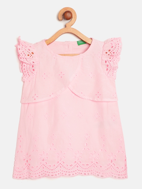 United Colors of Benetton Girls Pink Schiffli Embroidered Pure Cotton A-Line Dress