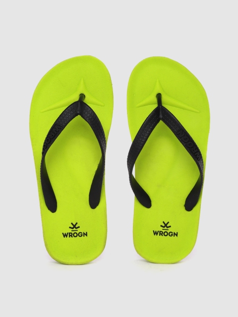 WROGN Men Black & Fluorescent Green Solid Thong Flip-Flops