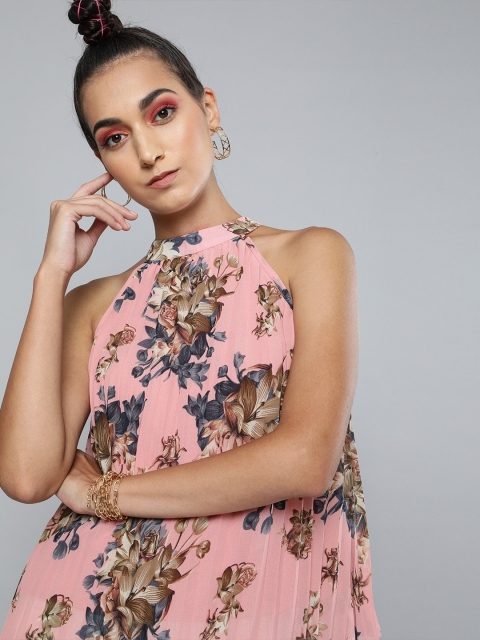 SASSAFRAS Pink & Blue Floral Printed Halter Neck Georgette Blouson Top