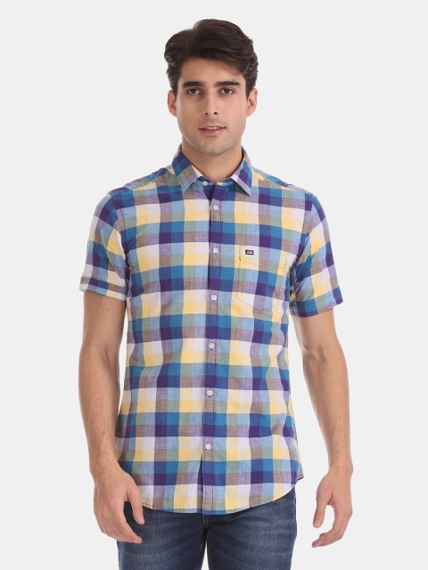 Arrow Sport Men Blue & Yellow Regular Fit Checked Casual Shirt