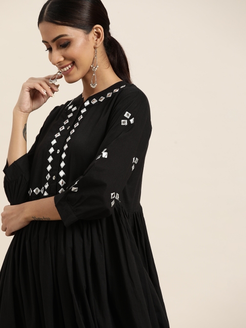 Sangria Women Black & Silver Embroidered Mirror Work Pure Cotton A-Line Kurta with Gathers
Sangria Women Black & Silver Embroidered Mirror Work Pure Cotton A-Line Kurta with Gathers
