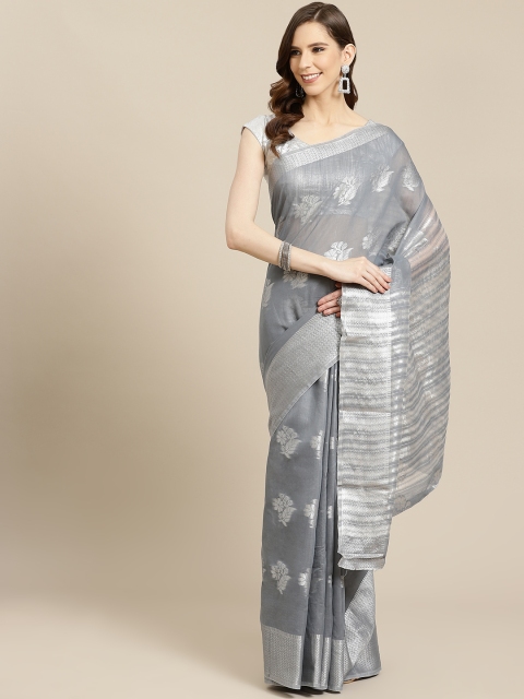SHOPGARB Grey & Silver Woven Design Banarasi Celebrity Saree