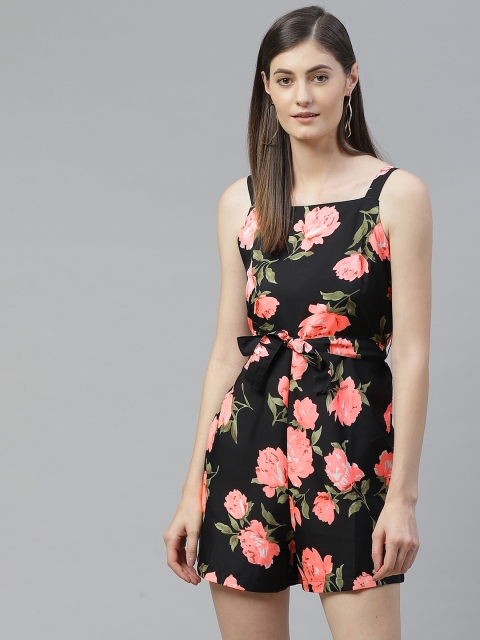 SIRIKIT Women Black & Coral Pink Floral Print Playsuit with Belt