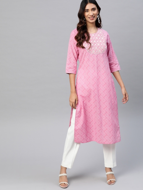 HERE&NOW Women Pink & White Pure Cotton Geometric Printed Kurta With Thread & Mirror Work
HERE&NOW Women Pink & White Pure Cotton Geometric Printed Kurta With Thread & Mirror Work
