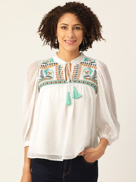 Antheaa White & Brown Dobby Weave Embroidered Tie-Up Neck Puff Sleeves Chiffon A-Line Top
Antheaa White & Brown Dobby Weave Embroidered Tie-Up Neck Puff Sleeves Chiffon A-Line Top