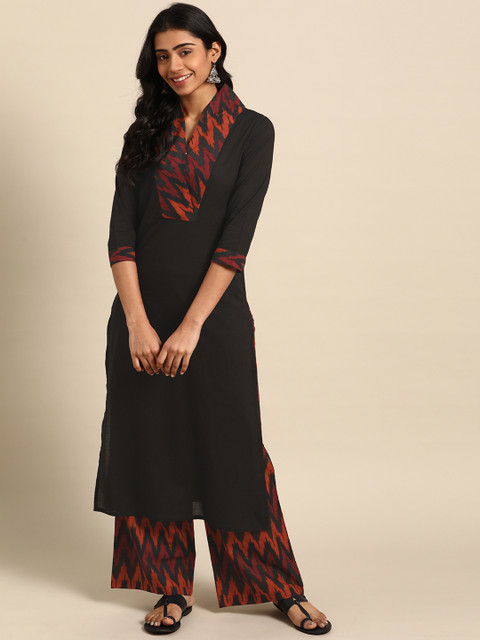 DIVA WALK Women Blue & Maroon Cotton Ikat Yoke Design Straight Kurta with Palazzos, Black
DIVA WALK Women Blue & Maroon Cotton Ikat Yoke Design Straight Kurta with Palazzos, Black