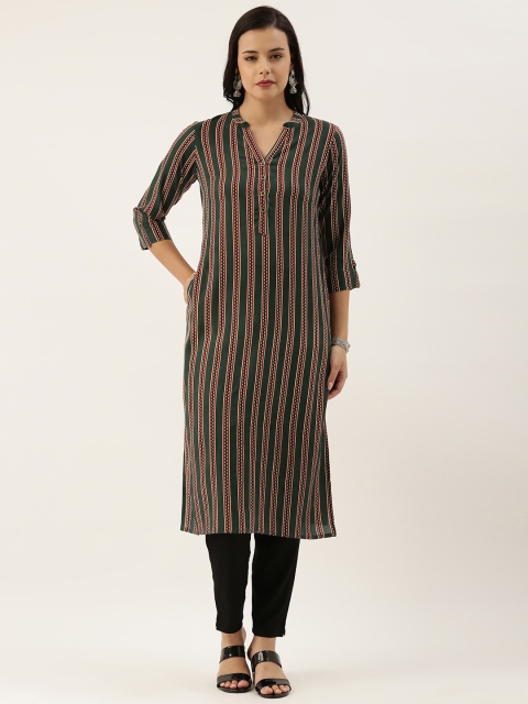 AMUKTI Women Green & Black Striped Kurta