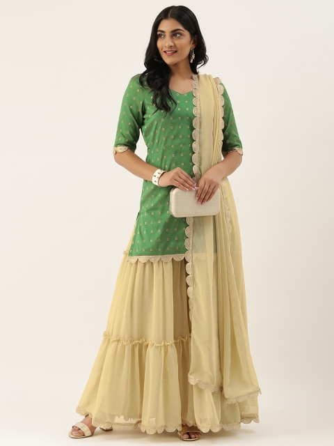 EthnoVogue Women Green & Beige Woven Design Made To Measure Kurta with Sharara & Dupatta
EthnoVogue Women Green & Beige Woven Design Made To Measure Kurta with Sharara & Dupatta