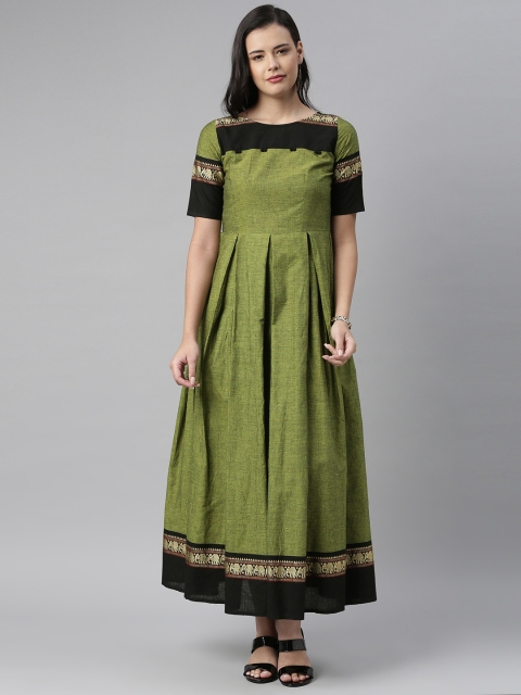 Swishchick Women Green Solid Pleated Handloom Cotton Maxi Dress