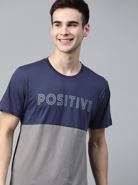 HERENOW Men Navy Blue Grey Colourblocked Pure Cotton T-shirt