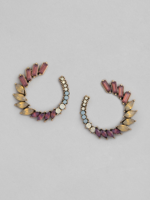 justpeachy Pink & Yellow Stone Studded Circular Half Hoop Earrings