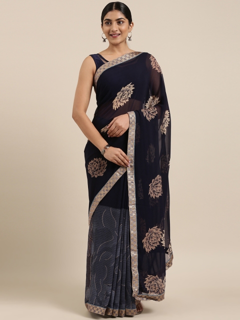 Triveni Navy Blue Printed Pure Georgette Saree