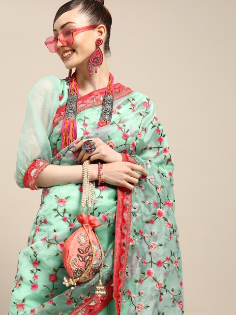 Tikhi Imli Turquoise Blue & Pink Floral Embroidered Organza Saree