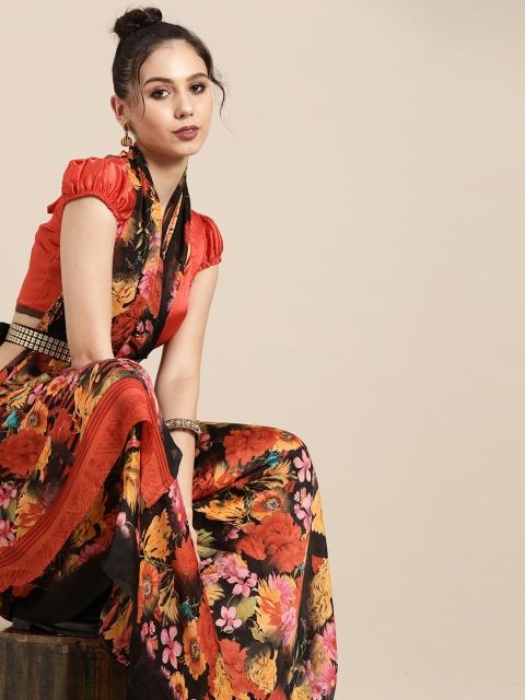 Tikhi Imli Black & Pink Floral Printed Satin Saree