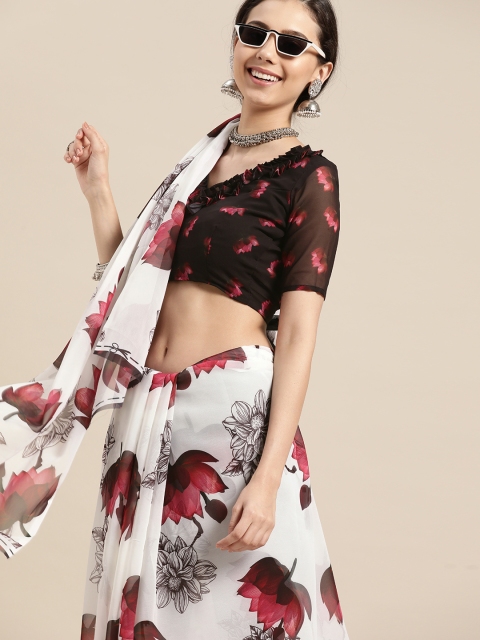 Tikhi Imli Elegant White and Brown Printed Poly Georgette Saree