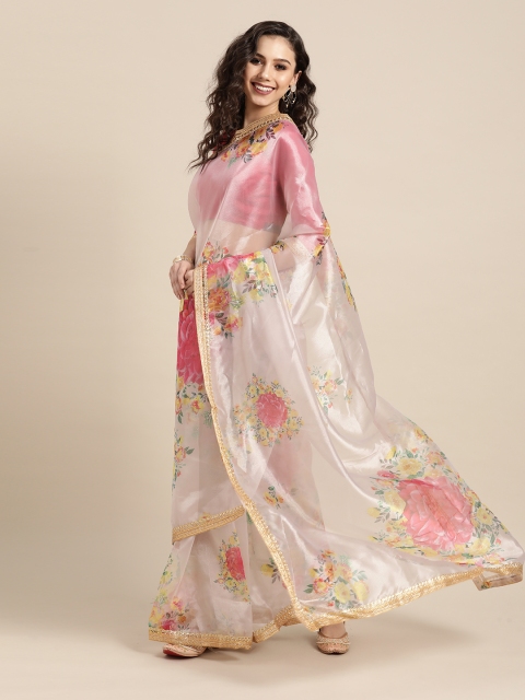 Tikhi Imli Delicate Cream and Pink Printed Organza Saree with Embellished Border