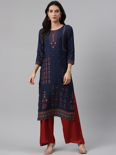 AHIKA Women Navy Blue & Orange Ethnic Motifs Printed Keyhole Neck Indigo Straight Kurta
AHIKA Women Navy Blue & Orange Ethnic Motifs Printed Keyhole Neck Indigo Straight Kurta