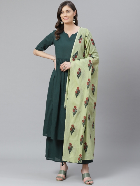AHIKA Women Green Solid Kurta with Trousers & Dupatta